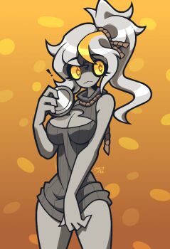 ! 1girl breasts cleavage coin colored_skin cowboy_shot facial_mark forehead_mark genderswap genderswap_(mtf) grey_skin holding holding_coin keeper_(the_binding_of_isaac) long_hair looking_to_the_side money-shaped_pupils monster_girl not_your_sagittarius ponytail rope_around_neck solo symbol-shaped_pupils tainted_keeper_(the_binding_of_isaac) the_binding_of_isaac