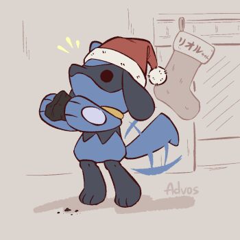advos artist_name black_fur blue_fur chibi christmas christmas_stocking clothed_pokemon coal commentary english_commentary fur-trimmed_headwear fur_trim gen_4_pokemon grey_background hat nintendo no_humans pokemon pokemon_(creature) red_hat riolu santa_hat solo tail tail_wagging two-tone_fur