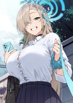 1girl absurdres asuna_(blue_archive) asuna_(school_uniform)_(blue_archive) asymmetrical_bangs bag black_choker blonde_hair blue_archive blue_bow blue_bowtie blue_eyes blue_halo blue_nails blue_ribbon blue_scrunchie blush bow bowtie breasts button_gap cellphone choker cowboy_shot hair_over_one_eye hair_ribbon halo highres holding holding_leash holding_phone large_breasts leash long_hair looking_at_viewer mole mole_on_breast phone pleated_skirt pov ribbon school_bag school_uniform scrunchie shirt skirt smartphone smile solo syunichi very_long_hair viewer_on_leash white_shirt wrist_scrunchie
