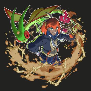 1boy ametoya black_gloves blue_pants commentary_request dark-skinned_male dark_skin flygon gen_3_pokemon gen_4_pokemon gloves green_eyes grey_background grin hand_on_own_hip looking_at_viewer male_focus nintendo pants poke_ball poke_ball_(basic) pokemon pokemon_(creature) pokemon_swsh raihan_(pokemon) rotom rotom_phone smile