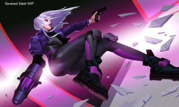 Rule 34 | 1girl, absurdres, aiming, arm cannon, ass, boots, breasts, coat, english text, fighting in air, finger on trigger, glass, gun, handgun, highres, holding, holding gun, holding weapon, knee guards, leggings, long hair, pistol, purple eyes, severed steel, solo, steel (severed steel), thunderbrush, weapon, white hair
