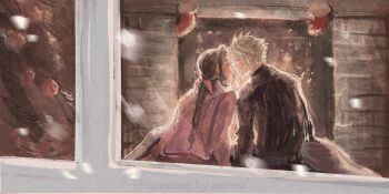 1boy 1girl aerith_gainsborough black_sweater blonde_hair braid braided_ponytail brown_hair canteatea christmas christmas_ornaments christmas_stocking christmas_tree closed_eyes cloud_strife commentary couple english_commentary final_fantasy final_fantasy_vii fireplace hair_ribbon hetero highres imminent_kiss parted_bangs pink_ribbon pink_sweater ribbon single_braid snow snowing spiked_hair sweater turtleneck turtleneck_sweater upper_body window