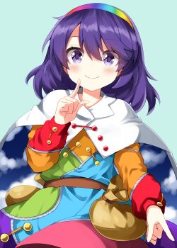 1girl blue_background blush cape closed_mouth commentary_request cowboy_shot dress hair_between_eyes hairband hands_up highres index_fingers_raised long_sleeves looking_at_viewer multicolored_dress multicolored_hairband patchwork_clothes print_cape purple_eyes purple_hair rainbow_gradient ruu_(tksymkw) short_hair simple_background sky_print smile solo tenkyuu_chimata touhou two-sided_cape two-sided_fabric white_cape