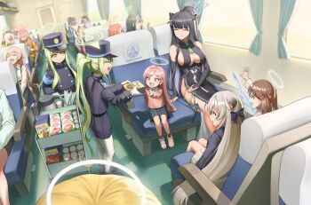 Rule 34 | 6+girls, ahoge, animal ears, aris (blue archive), armband, aru (blue archive), black bridal gauntlets, black hair, black jacket, black shorts, black skirt, blonde hair, blue archive, blue armband, blue eyes, blue halo, bow, breasts, bridal gauntlets, brown eyes, brown hair, cart, character request, china dress, chinese clothes, cleavage, closed eyes, commentary, demon horns, dress, earrings, fang, gloves, green hair, green halo, grey halo, hair bow, halo, hat, highres, hikari (blue archive), horns, hoshino (blue archive), huge ahoge, jacket, jewelry, kayoko (blue archive), kokona (blue archive), large breasts, long hair, low horns, midori (blue archive), momoi (blue archive), multicolored hair, multiple girls, nozomi (blue archive), open mouth, orange hair, orange halo, pantyhose, panzaa, peaked cap, pink hair, pointy ears, red eyes, shorts, shun (blue archive), side slit, sitting, skirt, sukeban (smg) (blue archive), sukeban (sr) (blue archive), tiger ears, tiger girl, train conductor, train interior, twintails, very long hair, white gloves, white hair, white pantyhose, yellow eyes, yuzu (blue archive)