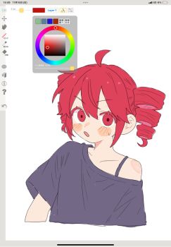 Rule 34 | 1girl, ahoge, alternate costume, art program in frame, commentary request, grey shirt, highres, kasane teto, komori kamome, looking at viewer, open mouth, red eyes, red hair, shirt, single bare shoulder, single off shoulder, solo, t-shirt, upper body, utau