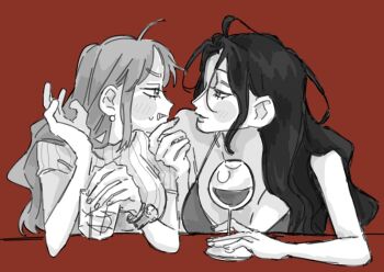 2girls blush bracelet cup earrings greyscale_with_colored_background holding holding_cup jewelry log_pose long_hair multiple_girls nami_(one_piece) nico_robin one_piece pearl_earrings red_background sidelocks simple_background upper_body z0y00