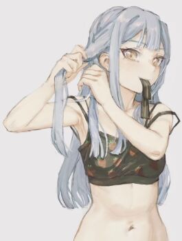 1girl bang_dream! bang_dream!_it's_mygo!!!!! black_bra blue_hair bra chinese_commentary commentary_request food_print fruit_print grey_background highres long_hair navel sidelocks simple_background solo stomach strawberry_print togawa_sakiko tying_hair underwear yellow_eyes yukikuma_(yukikuma_018)