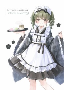 1girl :p absurdres alternate_costume alternate_hairstyle apron black_kimono black_nails black_ribbon blush checkered_clothes checkered_kimono closed_mouth commentary_request cup dango drill_hair feet_out_of_frame fingernails food frilled_apron frilled_kimono frills green_eyes green_hair hair_ribbon highres holding holding_tray idolmaster idolmaster_shiny_colors japanese_clothes kimono long_sleeves looking_at_viewer maid maid_apron maid_headdress medium_hair nanakusa_nichika request_inset ribbon sanshoku_dango shirako_(srk_srtk) sidelocks simple_background smile solo standing steam teacup tongue tongue_out translation_request tray twin_drills wa_maid wagashi white_apron white_background white_headdress wide_sleeves
