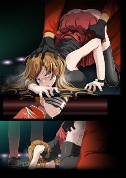 1boy 2girls aliana_(pokemon) ass bare_arms black_gloves black_shirt black_thighhighs blue_eyes blush bracelet breast_press breasts brown_hair clenched_teeth clothes_lift gloves hair_between_eyes highres imminent_rape jacket jewelry large_breasts long_hair long_sleeves miniskirt multiple_boys multiple_girls nintendo panties pants pink_panties pleated_skirt pokemon pokemon_xy rape red_jacket red_pants red_skirt serena_(pokemon) shirt skirt skirt_lift sleeveless sleeveless_shirt split_screen straight_hair team_flare_grunt teeth thighhighs top-down_bottom-up tsukishiro_saika underwear