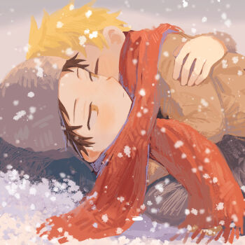 2boys arm_around_shoulder black_hair blonde_hair brown_eyes brown_jacket child chullo closed_eyes couple craig_tucker cuddling expressionless harusame_kyab hashtag-only_commentary highres jacket light_blush looking_at_another lying male_focus multiple_boys on_back portrait red_scarf scarf shared_clothes shared_scarf snow south_park tweek_tweak yaoi