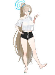 Rule 34 | 1girl, absurdly long hair, absurdres, asuna (blue archive), bare shoulders, barefoot, black shorts, blue archive, blue eyes, blue halo, blue nails, blue scrunchie, brown hair, collarbone, commentary, fingernails, full body, hair ornament, hair over one eye, hair scrunchie, halo, hand on own hip, highres, jason kim, legs, long hair, looking at viewer, midriff, nail polish, navel, off shoulder, ponytail, scrunchie, shirt, shorts, simple background, smile, solo, standing, toenail polish, toenails, toes, very long hair, white background, white shirt