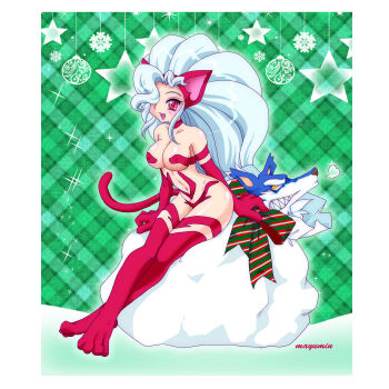 1boy 1girl absurdres alternate_color animal_ears animal_hands arm_behind_back artist_name big_hair blue_fur blue_hair body_fur bow breasts cat_ears cat_girl cat_paws cat_tail christmas covered_erect_nipples crossed_ankles darkstalkers fang felicia_(darkstalkers) furry furry_male hair_over_one_eye highres in_container in_sack jon_talbain kisaragi_miyuki large_breasts long_hair looking_at_another open_mouth red_eyes revealing_clothes sack sharp_teeth sitting smile snowflakes sparkle star_(symbol) striped_bow tail teeth very_long_hair werewolf wolf_boy yellow_eyes
