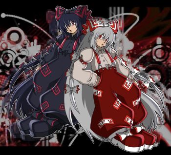 1girl animemaster armband black_bow black_hair black_pants black_ribbon black_shirt bow dual_persona fire fujiwara_no_mokou full_body grey_hair hair_between_eyes hair_bow hair_ribbon hands_in_pockets highres long_hair official_style ofuda ofuda_on_clothes open_mouth pants red_armband red_eyes red_pants red_shoes ribbon shirt shoes sonic_(series) sonic_adventure_2 suspenders torn_clothes torn_sleeves touhou uekawa_yuji_(style) very_long_hair white_bow white_ribbon white_shirt