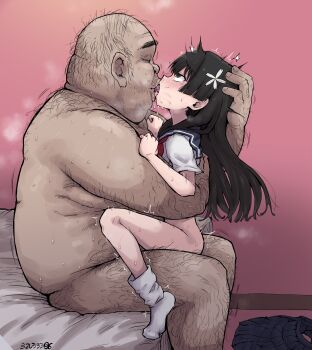 1boy 1girl absurdres age_difference bed black_hair black_skirt blue_sailor_collar bottomless clothed_female_nude_male commentary_request completely_nude crying crying_with_eyes_open fat fat_man forced forced_hug forced_kiss french_kiss height_difference highres kiss loli long_hair naked_shirt nude on_bed rape restrained sailor_collar saliva saten_ruiko sex shirt short_sleeves sitting size_difference skirt socks straddling struggling sweat tears toaru_kagaku_no_railgun toaru_majutsu_no_index trembling twitching ugly_bastard unworn_skirt upright_straddle urushi_uroro white_shirt white_socks