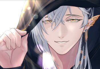 1boy adlf66 black_hoodie braid cassian_floros earrings first_stage_production hand_up hood hood_up hoodie jewelry looking_at_viewer pointy_ears smile solo teeth white_background yellow_eyes