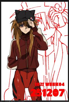 1girl blue_eyes bodysuit bodysuit_under_clothes breasts brown_hair closed_mouth cowboy_shot curvy dated evangelion:_3.0_you_can_(not)_redo eyepatch hand_in_pocket highres interface_headset_(evangelion) jacket long_hair looking_at_viewer mecha_pilot_suit narrow_waist neon_genesis_evangelion plugsuit_(evangelion) qwertpoiuy001 rebuild_of_evangelion red_bodysuit shaded_face shiny_clothes simple_background solo souryuu_asuka_langley track_jacket white_background zoom_layer