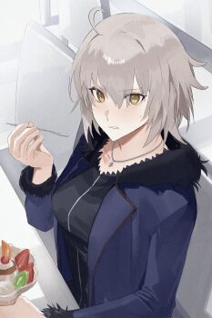 1girl absurdres ahoge blue_coat blush breasts chair cherry coat collarbone commentary_request cup drinking_glass fate/grand_order fate_(series) fingernails food fruit fur-trimmed_coat fur-trimmed_sleeves fur_trim grey_hair hair_between_eyes hand_up highres holding holding_cup holding_spoon ice_cream jeanne_d'arc_alter_(avenger)_(fate) jeanne_d'arc_alter_(fate) jeanne_d'arc_alter_(ver._shinjuku_1999)_(fate) jewelry kiwi_(fruit) kiwi_slice lapels long_sleeves looking_at_viewer medium_breasts necklace on_chair open_clothes open_coat orange_(fruit) orange_slice parfait shadow short_hair sitting solo spoon strawberry sundae sweatdrop table teeth v-shaped_eyebrows yellow_eyes yuzu_(pixiv_54192275)