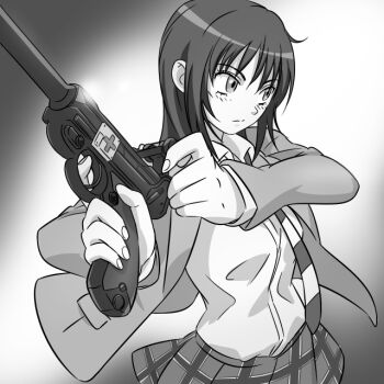 Rule 34 | 1girl, blazer, coppelion, cross, female focus, greyscale, gun, handgun, jacket, long hair, looking afar, luger p08, m o (prftz), miniskirt, monochrome, naruse ibara, necktie, pistol, plaid clothes, plaid skirt, school uniform, serious, shirt, skirt, solo, striped necktie, upper body, weapon, white shirt
