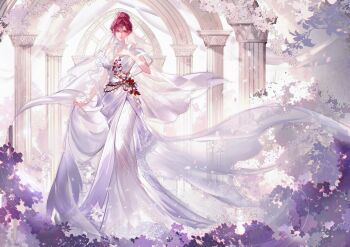 1girl absurdres alternate_costume arch asymmetrical_bangs bare_arms bare_shoulders breasts breasts_apart chinese_commentary choker clothes_lift colonnade commentary covered_collarbone dress dress_lift floating_clothes flower flower_choker full_body glowing glowing_eye hair_between_eyes hair_bun hand_on_own_chest heterochromia highres hobble_dress lace lace_choker long_dress looking_at_viewer path_to_nowhere pearl_hair_ornament plunging_neckline purple_eyes purple_flower purple_hair qingci shalom_(path_to_nowhere) shawl smile solo standing strapless strapless_dress thorns updo veil wedding_dress white_choker white_dress white_flower white_shawl