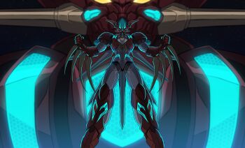 3ok absurdres blurry blurry_background clenched_hands floating getter_arc getter_emperor getter_robo getter_robo_arc glowing head_wings highres mecha mecha_focus no_humans robot science_fiction space super_robot wings yellow_eyes