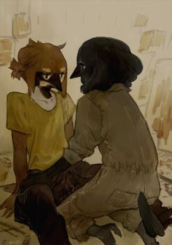 2girls animal_feet bird_boy black_eyes black_feathers blush brown_feathers claws commentary_request feathers furry furry_female green_jumpsuit hand_on_another&#039;s_leg indoors jumpsuit kneeling looking_at_another multiple_girls nagabe original shirt sitting tail yellow_shirt yuri