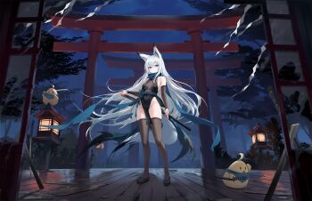 1girl absurdres ahoge animal_ear_fluff animal_ears architecture artist_request azur_lane bare_shoulders bird black_dress blue_eyes blue_scarf blush breasts brown_thighhighs cleavage closed_mouth covered_navel detached_sleeves dress east_asian_architecture elbow_gloves floating_hair fox_ears fox_girl fox_tail full_body gloves grey_hair groin hair_between_eyes highleg highres holding holding_sword holding_weapon japanese_clothes katana kawakaze_(azur_lane) kawakaze_(guardian_fox_forever_loyal)_(azur_lane) kimono kitsune lantern large_tail long_hair looking_at_viewer medium_breasts multiple_torii night night_sky ninja no_panties non-web_source obi official_alternate_costume official_art okobo outdoors pelvic_curtain platform_sandals rope sandals sash scarf see-through_clothes sheath sheathed shrine side_slit sidelocks skindentation sky sleeveless smile standing sword tail thighhighs thighs torii tree very_long_hair weapon white_hair wooden_floor
