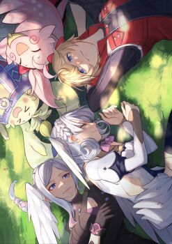 2boys 3girls armor blonde_hair blue_eyes blush braid breasts brown_hair cape closed_eyes crown_braid curly_hair dress gloves hat head_wings highres juliet_sleeves kino_(xenoblade) long_hair long_sleeves medium_breasts melia_antiqua mirin. multiple_boys multiple_girls nene_(xenoblade) nopon open_mouth puffy_sleeves short_hair shulk_(xenoblade) siblings simple_background sisters smile tyrea_(xenoblade) upper_body vest wings xenoblade_chronicles:_future_connected xenoblade_chronicles_(series) xenoblade_chronicles_1