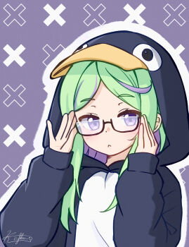 1girl :&lt; absurdres adjusting_eyewear animal_costume commentary cross_background english_commentary glasses green_hair hands_up highres kafka963 linux long_hair long_sleeves looking_at_viewer original outline penguin_costume purple_background purple_eyes semi-rimless_eyewear solo upper_body white_outline