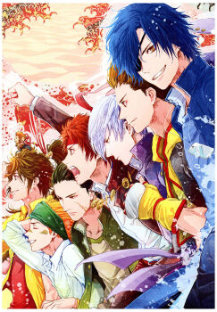 6+boys animal animal_on_head arm_up artist_request blue_hair blue_shirt border brown_eyes brown_hair closed_eyes date_masamune_(sengoku_basara) dog_tags expressionless eyepatch facial_scar frown gakuen_basara gakuran green_headband grin guest_art hair_slicked_back headband highres ishida_mitsunari_(sengoku_basara) jacket katakura_kojuurou_(sengoku_basara) long_hair long_sleeves looking_ahead looking_at_viewer maeda_keiji_(sengoku_basara) male_focus monkey multiple_boys non-web_source official_art on_head open_mouth ponytail red_headband red_shirt sanada_yukimura_(sengoku_basara) sarutobi_sasuke_(sengoku_basara) scar scar_on_cheek scar_on_face school_uniform sengoku_basara shirt short_hair shouting smile tokugawa_ieyasu_(sengoku_basara) white_border white_hair white_shirt yellow_jacket yumekichi