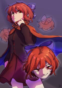1girl black_shirt blue_bow blue_cloak bow cloak cowboy_shot disembodied_head elosia evil_smile floating_head from_below hand_up highres looking_down multiple_heads purple_background red_cloak red_eyes red_hair red_skirt sekibanki shirt short_hair sketch skirt smile solo touhou two-tone_cloak