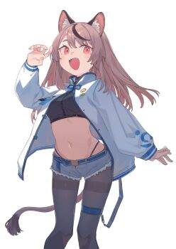 1girl :d animal_ears belt black_hair black_panties black_pantyhose blue_belt breasts brown_hair cat_ears cat_girl cat_tail commentary crop_top denim denim_shorts fang groin highleg highleg_panties highres jacket long_hair long_sleeves looking_at_viewer medium_breasts micro_shorts multicolored_hair navel open_clothes open_jacket open_mouth orange_eyes original panties pantyhose peroncho shorts simple_background smile stomach streaked_hair string_panties symbol-only_commentary tail thigh_strap underwear white_background white_jacket