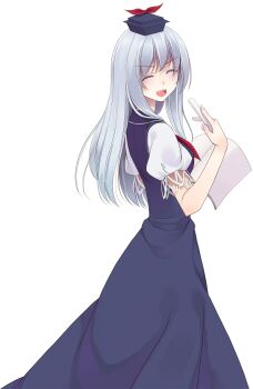 1girl :d ^_^ blue_dress blue_hat blush book chalk closed_eyes commentary_request cowboy_shot crote dress fingernails from_side grey_hair hand_up hat highres holding holding_chalk kamishirasawa_keine large_variant_set long_dress long_hair looking_back open_mouth puffy_short_sleeves puffy_sleeves shirt short_sleeves sleeveless sleeveless_dress smile solo standing teeth touhou transparent_background turning_head upper_teeth_only v-shaped_eyebrows variant_set white_shirt