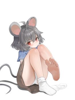 1girl absurdres animal_ears barefoot capelet commentary dokomon feet grey_hair highres mouse_ears mouse_tail nazrin panties red_eyes short_hair simple_background single_sock socks soles solo tail toes touhou underwear white_background white_panties white_socks