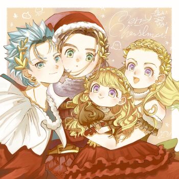2boys 2girls absurdres aqua_hair bare_shoulders blonde_hair border brown_hair camus_(dq11) cheek-to-cheek christmas closed_mouth commentary_request detached_sleeves dragon_quest dragon_quest_xi dress earrings fur_collar green_eyes grey_sweater hair_slicked_back hat heads_together hero_(dq11) highres hug hug_from_behind jacket jewelry laurel_crown light_blush long_hair merry_christmas multiple_boys multiple_girls open_mouth parted_lips potyonkakikaki puffy_short_sleeves puffy_sleeves purple_eyes red_dress red_hat red_jacket santa_hat senya_(dq11) short_hair short_sleeves smile sweater thick_eyebrows turtleneck turtleneck_sweater upper_body veronica_(dq11) white_border