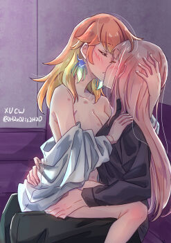 2girls absurdres alternate_costume blush bottomless breasts clothed_sex convenient_censoring couple dress_shirt earrings feather_earrings feathers french_kiss girl_on_top grabbing_another&#039;s_ass gradient_hair green_highlights groping highres hololive hololive_english hug jewelry kiss large_breasts long_hair mori_calliope multicolored_hair multiple_girls naked_shirt no_bra open_clothes open_mouth open_shirt orange_hair oversized_clothes oversized_shirt partially_unbuttoned pink_hair shirt sitting sitting_on_lap sitting_on_person straddling takanashi_kiara upright_straddle virtual_youtuber white_shirt xu_chin-wen yuri