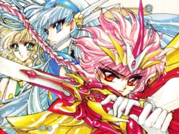 1990s_(style) 3girls blonde_hair blue_eyes blue_hair blue_hairband braid clamp gloves green_eyes hairband headgear hououji_fuu long_hair magic_knight_rayearth multiple_girls official_alternate_costume official_art official_wallpaper pink_hair red_eyes retro_artstyle ryuuzaki_umi scan serious shidou_hikaru short_hair sword weapon