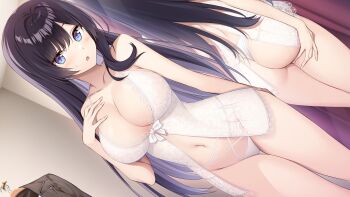 1girl ass babydoll bare_arms bare_shoulders black_hair blue_eyes blush breasts clothes_hanger colored_inner_hair commentary_request dutch_angle fitting_room grey_hair hand_on_own_ass hand_on_own_chest highres indoors jacket large_breasts light_blush lingerie lingeries_(ramune_games) long_hair looking_at_viewer makabe_aisu mirror multicolored_hair navel official_art open_mouth oryo_(oryo04) panties reflection second-party_source solo stomach thigh_gap thighs underwear unworn_clothes unworn_jacket white_babydoll white_panties