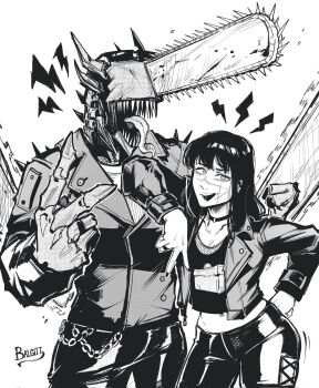 1boy 1girl black_hair chainsaw chainsaw_devil chainsaw_man cross_scar extra_arms facial_scar greyscale highres horns jacket leather leather_jacket long_hair looking_at_viewer monochrome open_mouth ringed_eyes scar scar_on_cheek scar_on_face scar_on_nose scarf sharp_teeth shirt simple_background teeth victorbalgitt weapon white_shirt yoru_(chainsaw_man)