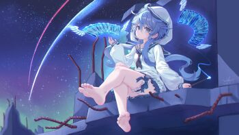 1girl :c absurdres ahoge arm_rest barefoot black_neckerchief blue_eyes blue_hair blue_sailor_collar blue_skirt blush closed_mouth concrete dated feet foot_focus frilled_thigh_strap from_below hair_between_eyes hand_up head_tilt highres holding holding_wand knee_up long_hair long_sleeves looking_at_viewer miniskirt neckerchief night open_hand original piano_keys pleated_skirt raised_eyebrows rebar ruins sailor_collar school_uniform serafuku shadow shirt shooting_star sidelocks signature sitting skirt sky sleeve_cuffs soles solo star_(sky) starry_sky thigh_strap thighs toes twintails wand white_shirt wuhuo