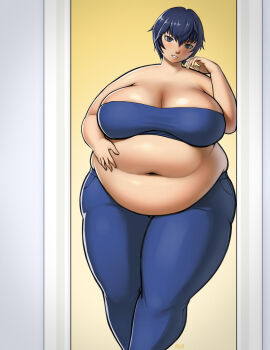 1girl bare_shoulders better-with-salt blue_hair blush breasts cleavage fat female_focus highres huge_breasts looking_at_viewer navel persona persona_4 shirogane_naoto short_hair solo strapless thick_thighs thighs tube_top wide_hips