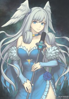 1girl alternate_costume artist_name blue_dress blue_eyes blue_flower blue_rose breasts collarbone commentary curly_hair detached_sleeves dress earrings english_commentary flower gofelem grey_hair head_wings holding holding_microphone_stand jewelry large_breasts long_hair looking_at_viewer melia_antiqua microphone_stand rose smile solo space standing strapless strapless_dress twitter_username wings xenoblade_chronicles_(series) xenoblade_chronicles_1