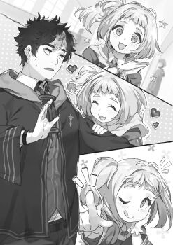 1boy 1girl :3 :d ^_^ antenna_hair ascot belt blurry blurry_background blush buta_koushaku closed_eyes closed_mouth collared_shirt cowboy_shot gloves greyscale hair_between_eyes hand_on_another&#039;s_arm hand_on_own_cheek hand_on_own_face heart highres hooded_robe indoors jitome licking_lips long_sleeves looking_at_viewer looking_to_the_side lorraine_(buta_koushaku) medium_hair messy_hair monochrome multiple_views nauribon non-web_source notice_lines novel_illustration official_art one_eye_closed open_hand open_mouth outstretched_arm own_hands_together pants people pointing reaching reaching_towards_viewer robe school_uniform shirt short_hair side_ponytail sidelocks silhouette slow_denning smile standing star_(symbol) sweat tareme thick_eyebrows tongue tongue_out upper_body very_short_hair vest wide_sleeves window