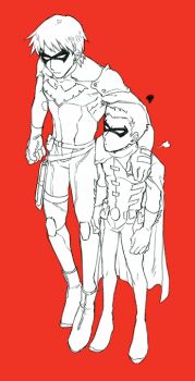 2boys batman_(series) belt boots brothers cape dc_comics dick_grayson domino_mask escrima_stick eye_mask family gloves male_focus mask multiple_boys nightwing robin_(dc) siblings standing tim_drake young_justice young_justice:_invasion