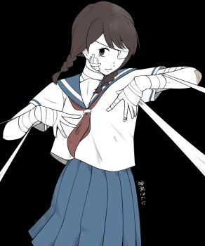 Rule 34 | 1girl, bandage over one eye, bandaged hand, bandages, black background, blue sailor collar, blue skirt, braid, brown hair, commentary, gauze, gauze on cheek, gauze over eye, kobushi abiru, kuratako kinji (kinji13), long hair, looking at viewer, neckerchief, pleated skirt, red neckerchief, sailor collar, sayonara zetsubou sensei, school uniform, serafuku, shirt, simple background, skirt, solo, twin braids, white shirt