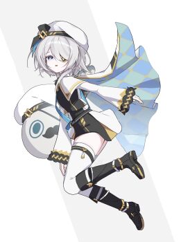 1girl absurdres black_boots black_survival blue_eyes boots commentary_request eternal_return:_black_survival eyepatch grey_background grey_hair hat highres korean_commentary looking_at_viewer medium_hair official_alternate_costume shul sissela_kyle solo thighhighs thighs two-tone_background white_background white_hat white_thighhighs