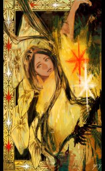 1girl absurdres bindi black_hair border commentary_request dark-skinned_female dark_skin dress green_eyes gundam hair_down highres lalah_sune long_hair looking_at_viewer mobile_suit_gundam ornate_border smile solo su2urann yellow_dress