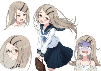 Rule 34 | 1girl, bag, bespectacled, black skirt, blue neckerchief, blush, brown bag, collarbone, colored eyelashes, commentary, cropped legs, cropped shoulders, drooling, flipped hair, floating hair, gakuen idolmaster, glasses, grey hair, hair ornament, hairpin, highres, holding, holding bag, idolmaster, long hair, multiple hairpins, multiple views, neckerchief, orange eyes, osoba susurukun, pleated skirt, school uniform, serafuku, shinosawa hiro, shirt, simple background, skirt, smile, swept bangs, turn pale, wavy mouth, white background, white shirt