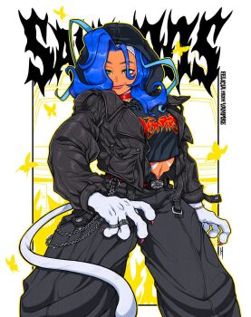 1girl animal_hands belt blue_hair breasts cat_girl cat_tail chain dark-skinned_female dark_skin darkstalkers felicia_(darkstalkers) green_eyes hood jacket jewelry large_breasts lips long_hair long_sleeves looking_at_viewer pants ring saigados tail very_long_hair white_fur