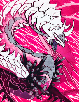 1boy armor crystal dragon dragon_boy dragon_horns fang fire_emblem fire_emblem_engage glowing_veins hood horns male_focus monster nintendo open_mouth pink_background pink_wings rafal_(fire_emblem) scales snake solo spikes third_eye trunswicked wings