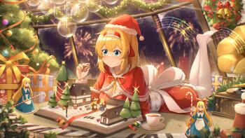 1girl absurdres aerial_fireworks alice_margatroid back_bow blonde_hair blue_eyes blush book bow box breasts candy candy_cane capelet christmas christmas_ornaments christmas_present christmas_tree closed_mouth commentary_request cup doll dress fireworks food frilled_hairband frills fur-trimmed_dress fur-trimmed_headwear fur_trim gift gift_box gingerbread_man hairband hat highres holding holding_food kirisame_marisa long_sleeves lying medium_breasts musical_note musical_staff no_shoes on_stomach open_book pantyhose phonograph red_capelet red_dress red_hat santa_costume santa_hat saucer sdftehn shanghai_doll short_dress sixteenth_note smile solo steaming_cup tea teacup the_pose tinsel touhou white_bow white_pantyhose window wreath